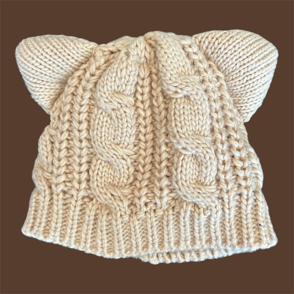 Cream Knit Cat Beanie
